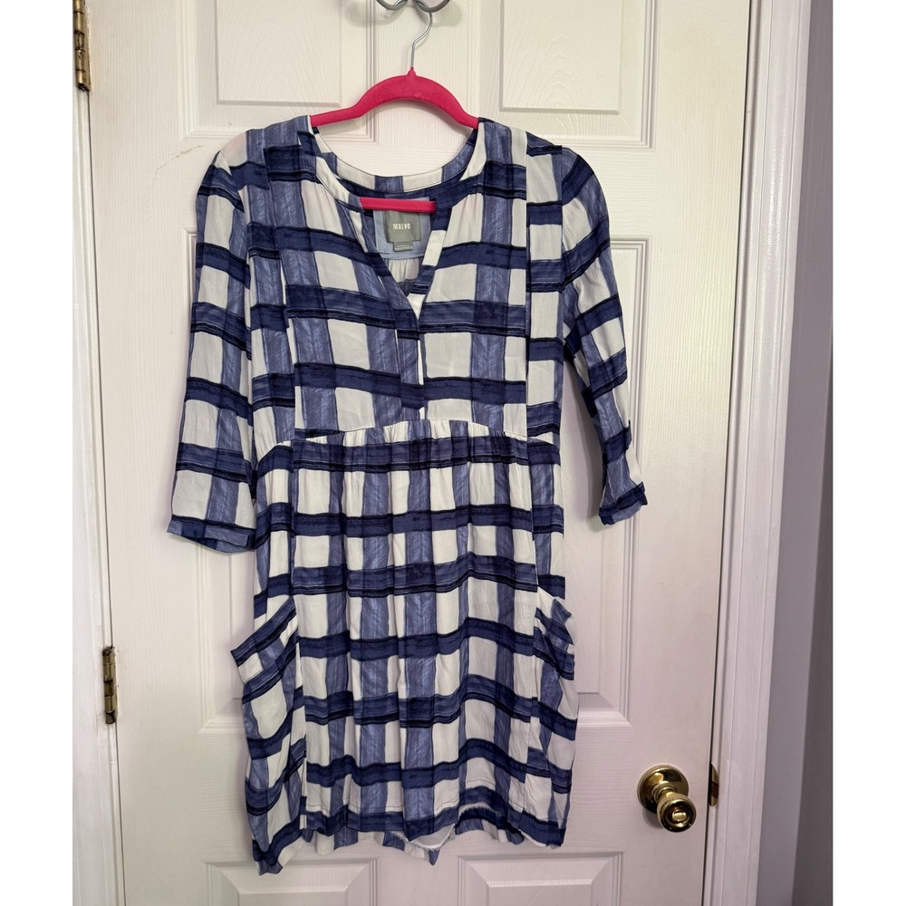 Maeve Anthropologie Blue White Plaid Shift Dress 3/4 Sleeve Pockets XS Boho
